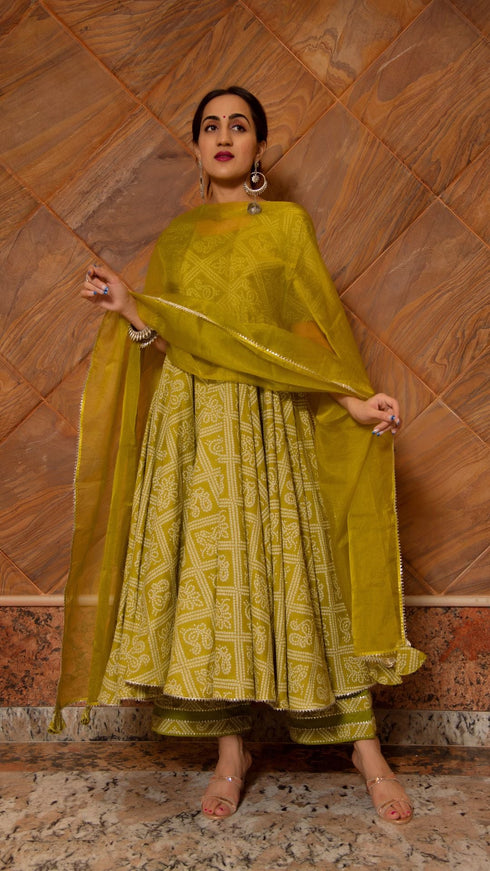 Pomcha Jaipur Bandhej Mehendi Green Cotton Anarkali Set